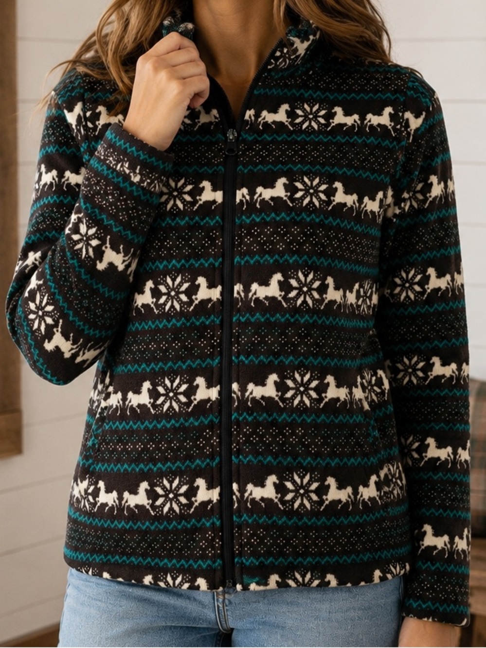Trail Crest Horse Fair Isle Fleece Jacket Womens Full Zip Teal Brown Western